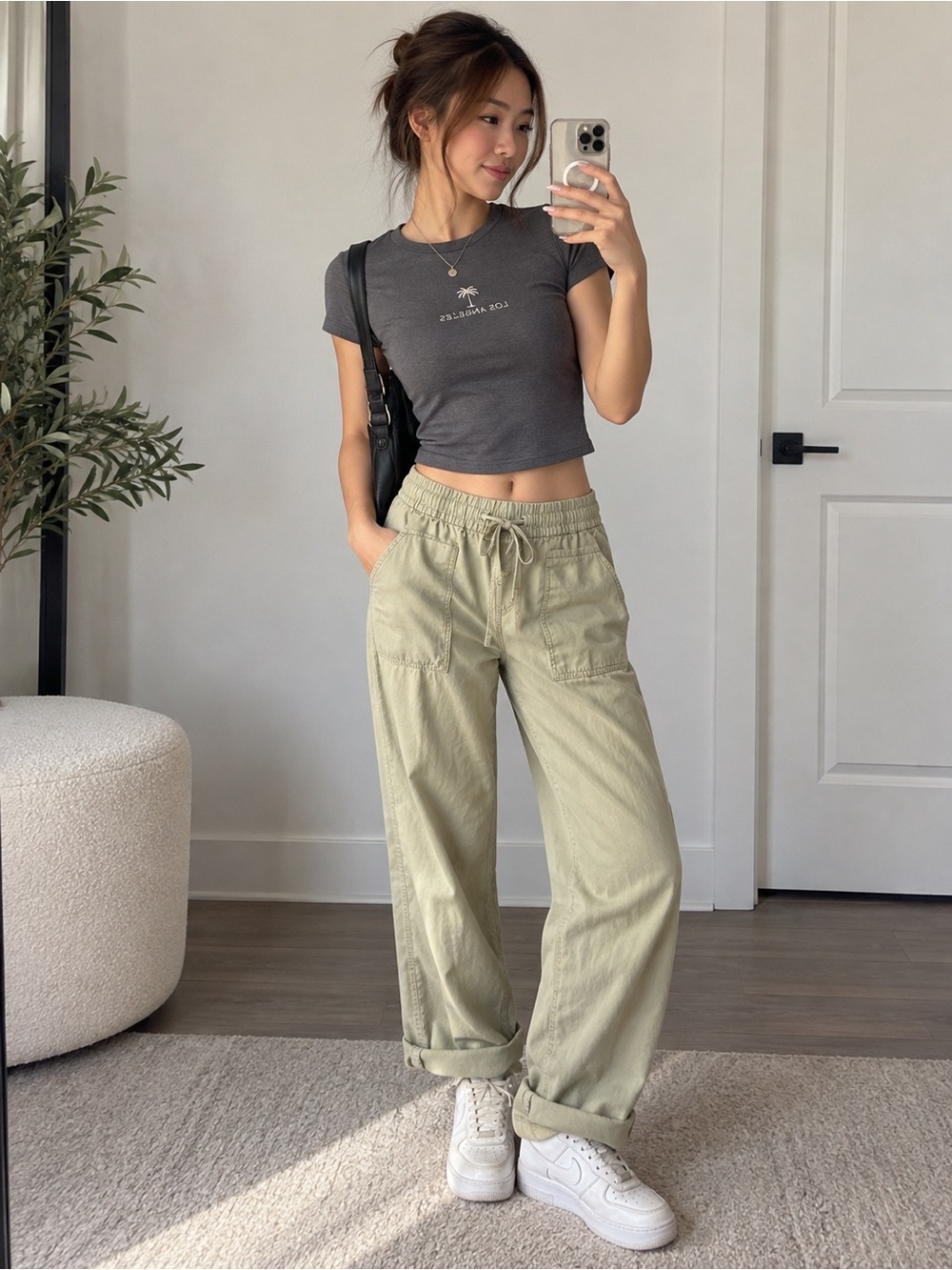 Stradivarius Sage Green Utility Pants XS Drawstring Relaxed Casual Pants